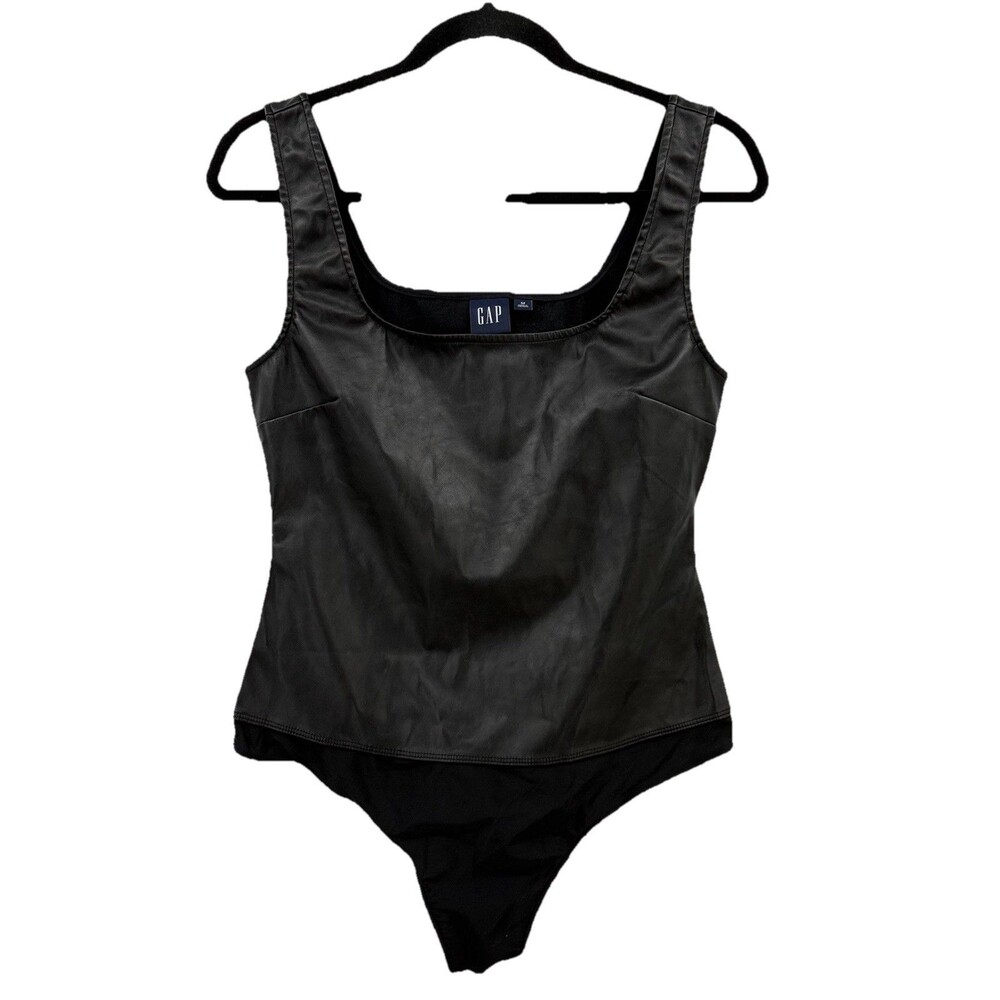 Gap Black Vegan Faux Leather Thong Body Suit Size Med Square Neckline